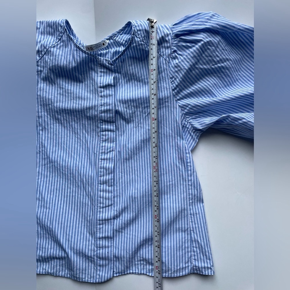 Zara Cotton Puff Sleeve Blouse Blue Stripe Small - Picture 7 of 9